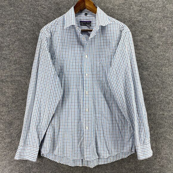 Geoffrey Beene Shirt Men 15 Blue Plaid Button Up Classic Fit Wrinkle Free - Picture 1 of 6